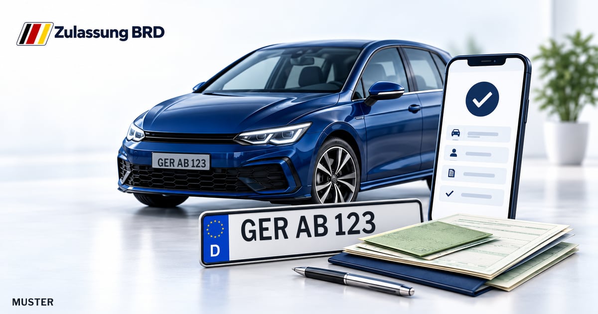 Online Fahrzeugzulassung in Landkreis Germersheim: Musterkennzeichen GER AB 123, Auto und Fahrzeugpapiere und Smartphone. Illustration mit Logo von Zulassung BRD.